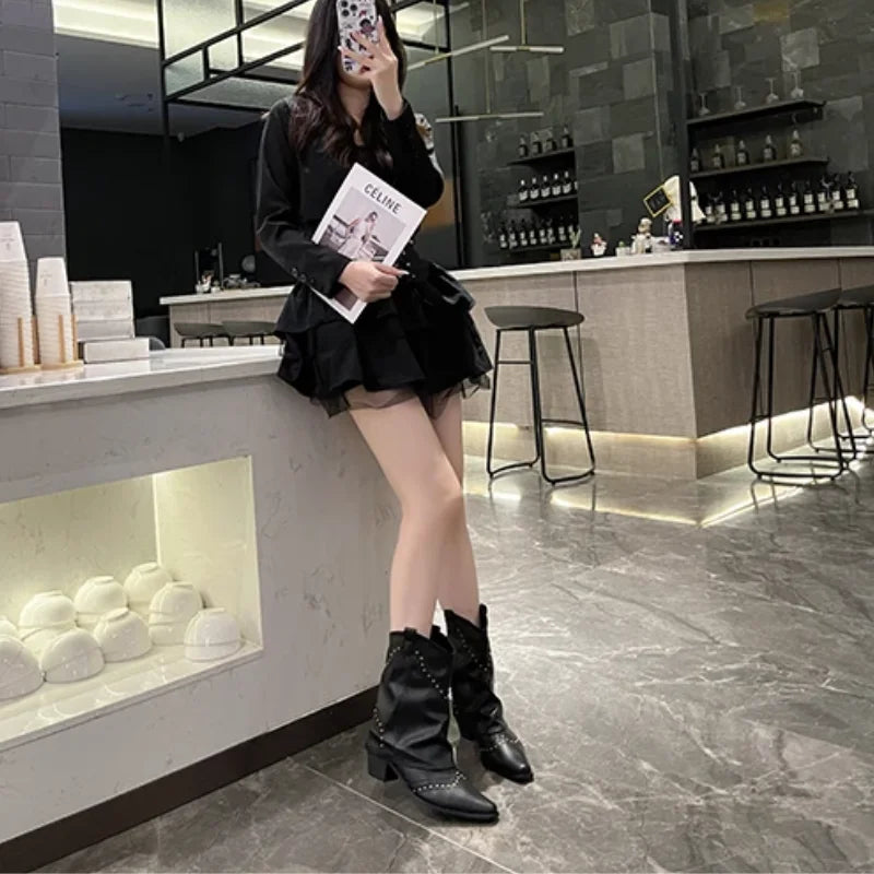 Women's Brown Studded Western Mid-Calf Boots – Pointed-Toe And Block-Heel