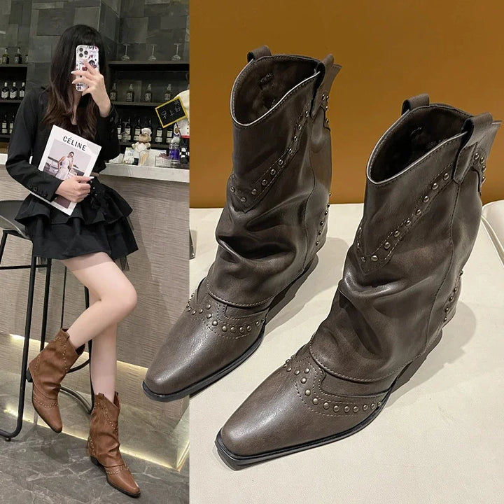 Women's Brown Studded Western Mid-Calf Boots – Pointed-Toe And Block-Heel