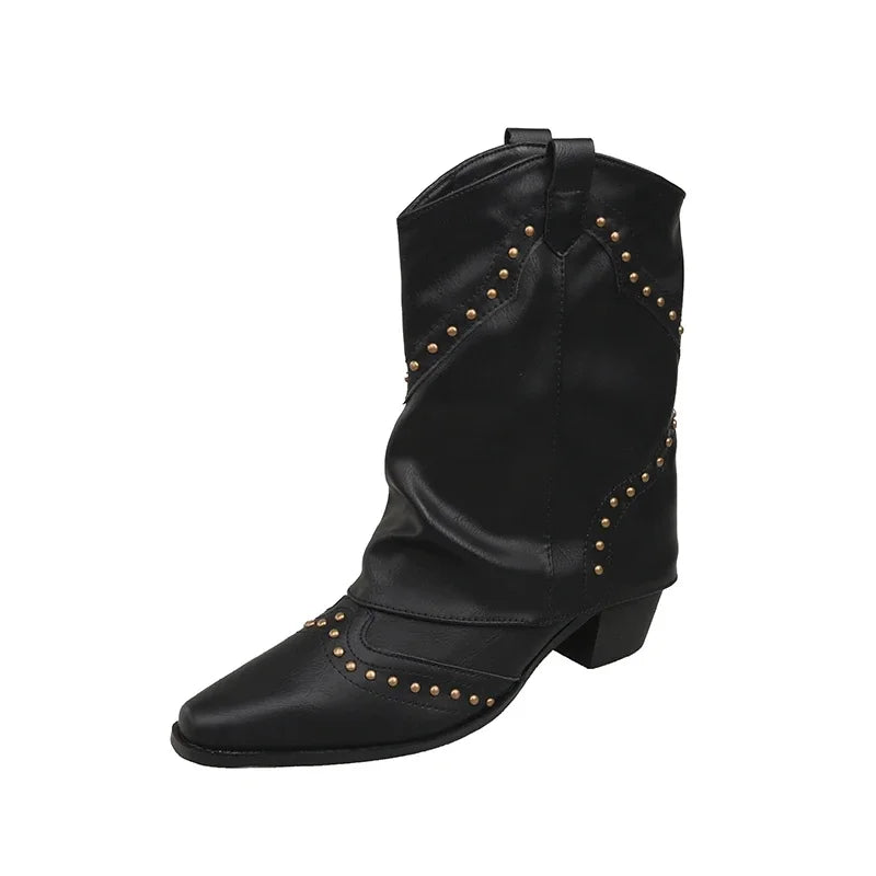 Women's Brown Studded Western Mid-Calf Boots – Pointed-Toe And Block-Heel