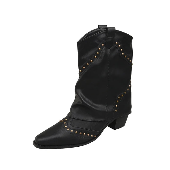 Women's Brown Studded Western Mid-Calf Boots – Pointed-Toe And Block-Heel