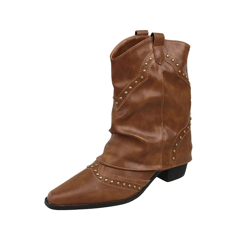 Women's Brown Studded Western Mid-Calf Boots – Pointed-Toe And Block-Heel