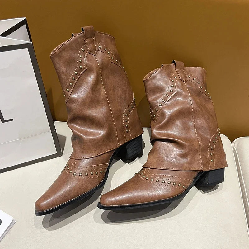 Women's Brown Studded Western Mid-Calf Boots – Pointed-Toe And Block-Heel