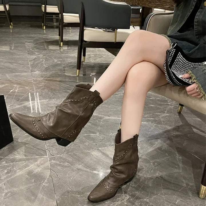 Women's Brown Studded Western Mid-Calf Boots – Pointed-Toe And Block-Heel