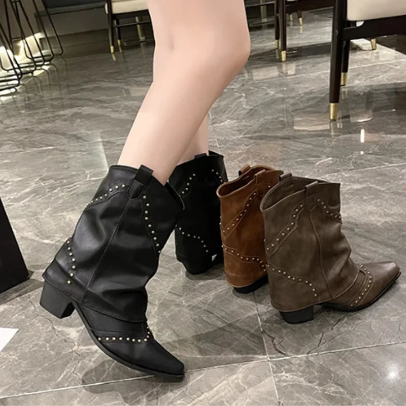Women's Brown Studded Western Mid-Calf Boots – Pointed-Toe And Block-Heel