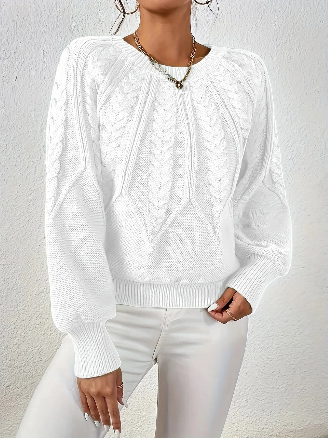 Women's Knitted Cable-Knit Round-Neck Raglan Jumper