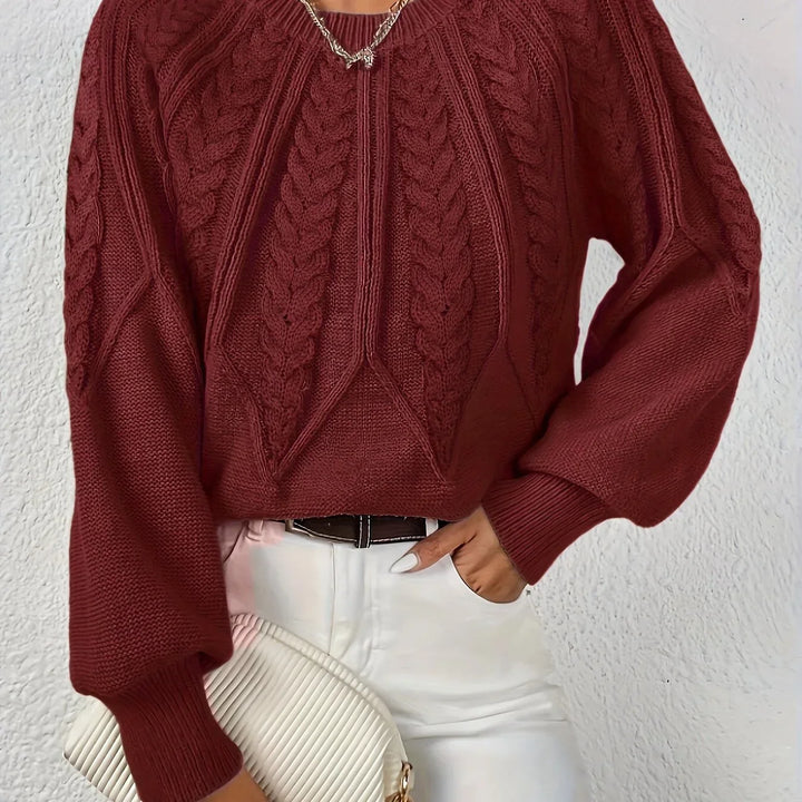 Women's Knitted Cable-Knit Round-Neck Raglan Jumper