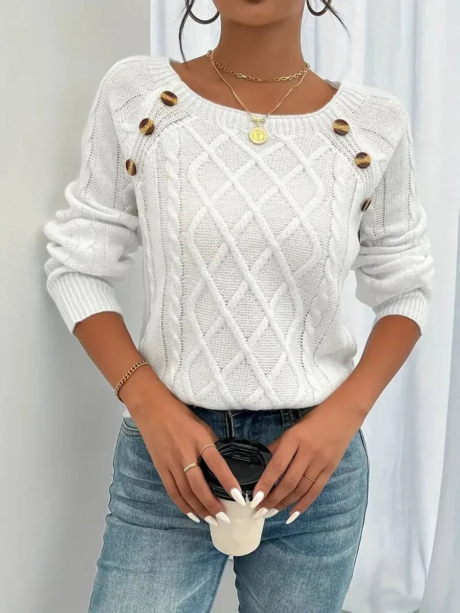 Women's Cable Knit Sweater Raglan-Sleeve Button-Detail Pullover