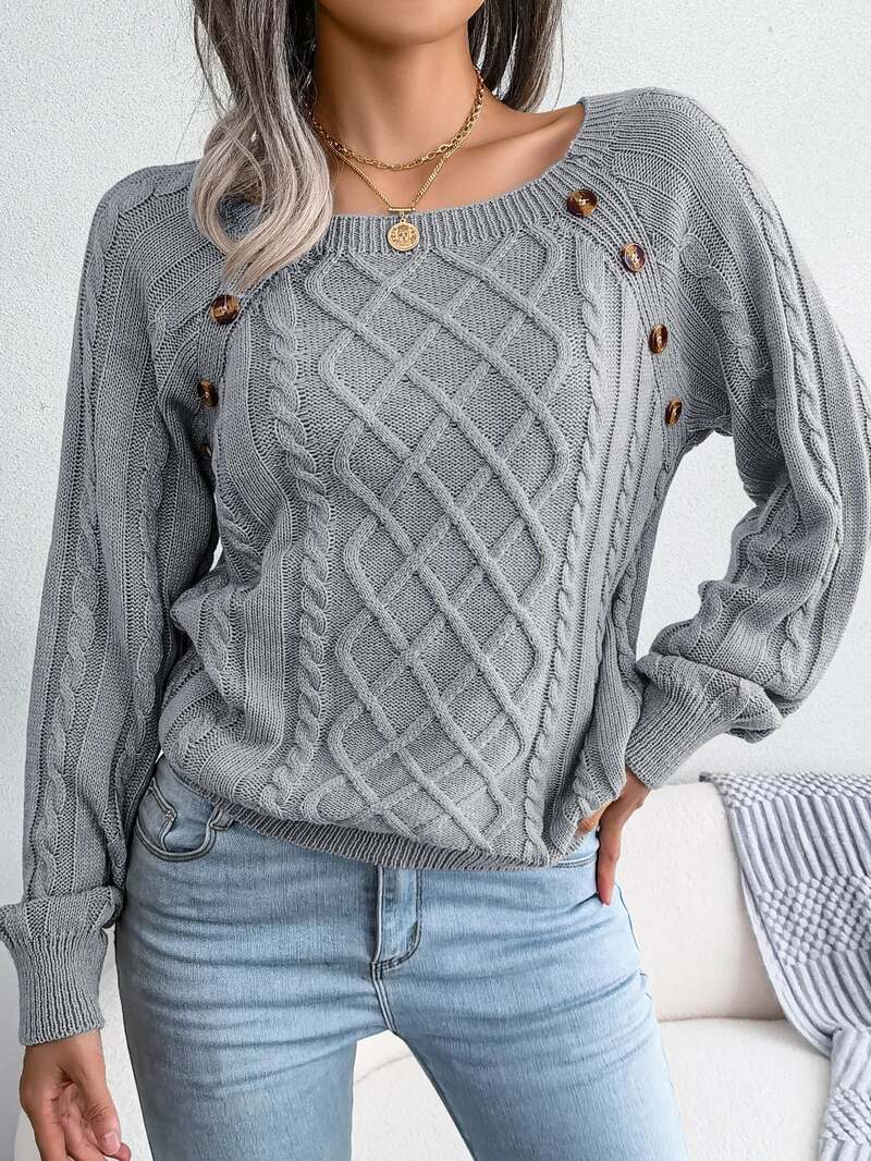 Women's Jumper – Square Neck Button Detail Cable Knit