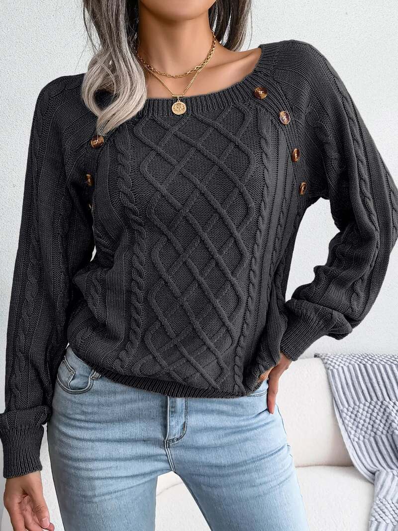 Women's Jumper – Square Neck Button Detail Cable Knit