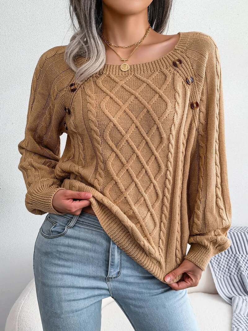Women's Jumper – Square Neck Button Detail Cable Knit