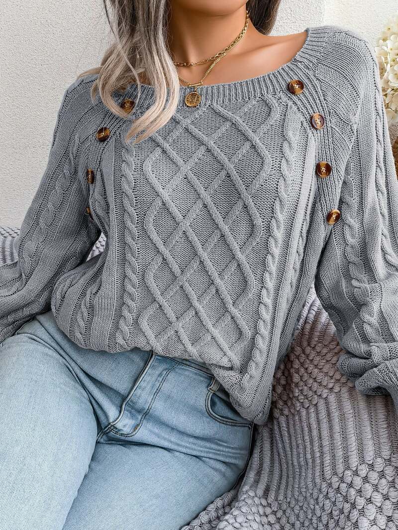 Women's Jumper – Square Neck Button Detail Cable Knit