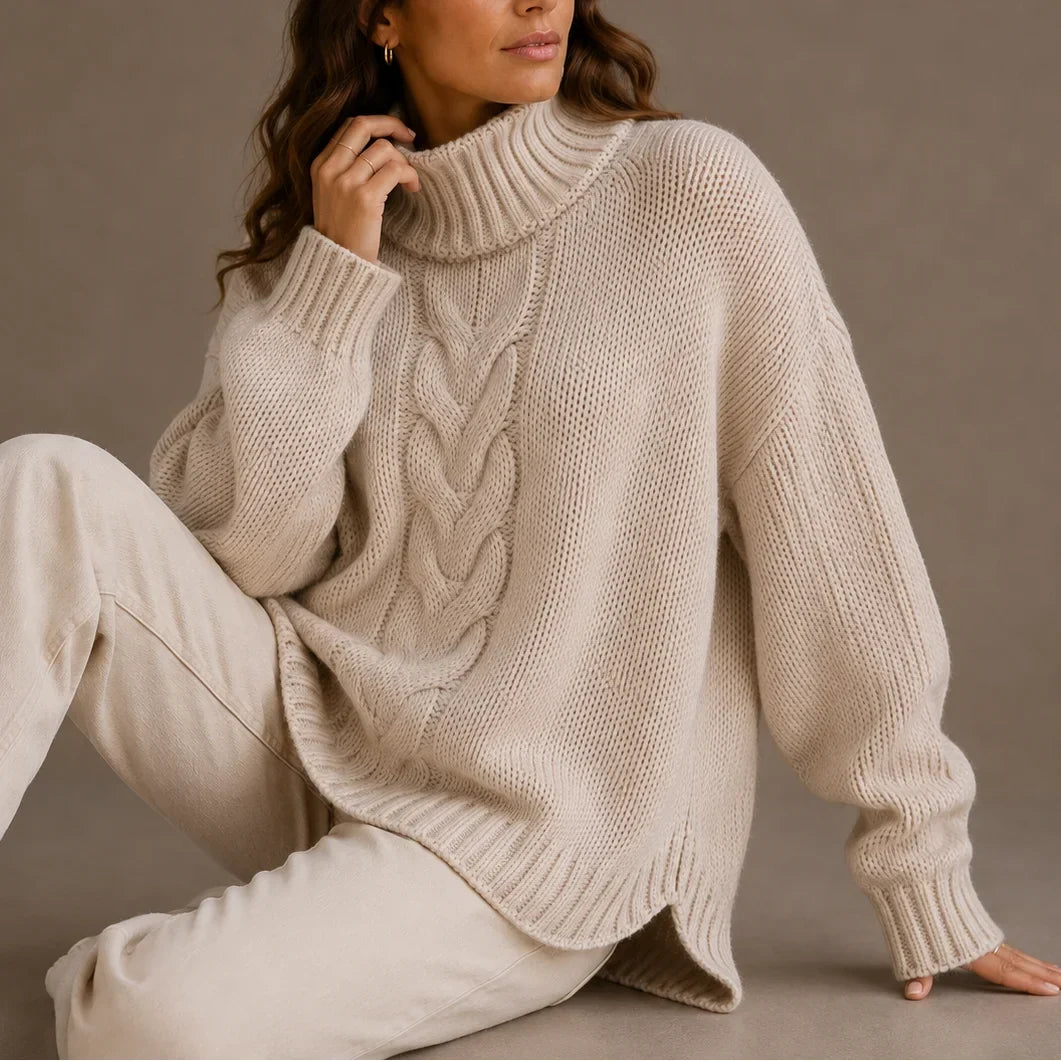 Women's Knitted Cable Knit Oversized Turtleneck Jumper