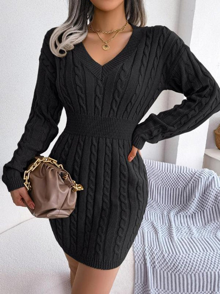Women's Knitted Dress – Cable-Knit V-Neck