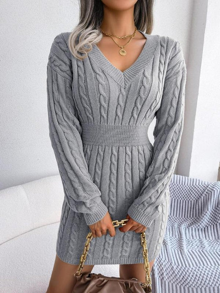 Women's Knitted Dress – Cable-Knit V-Neck