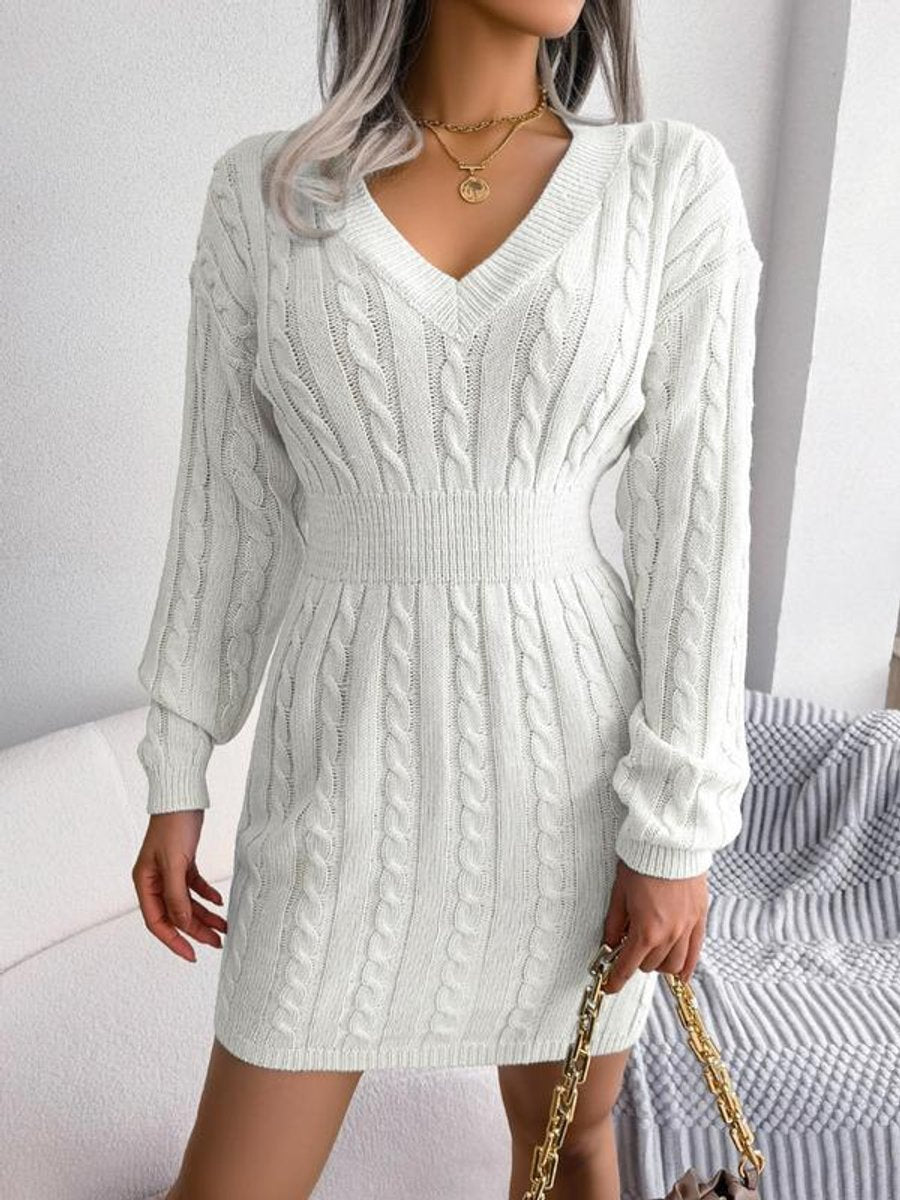 Women's Knitted Dress – Cable-Knit V-Neck
