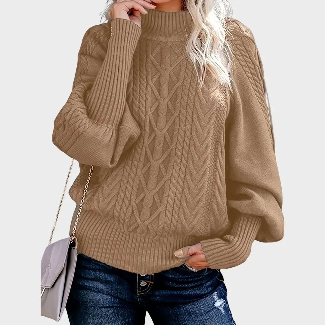 Women's Cable Pattern Knit Sweater – Mock-Neck And Balloon Sleeves