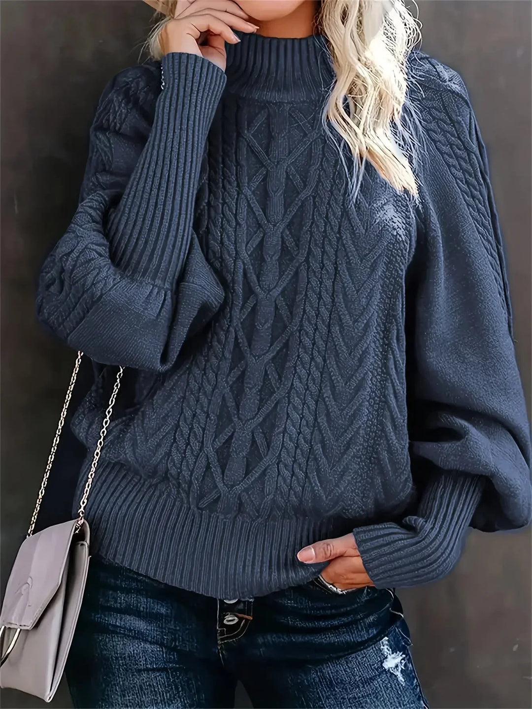 Women's Cable Pattern Knit Sweater – Mock-Neck And Balloon Sleeves