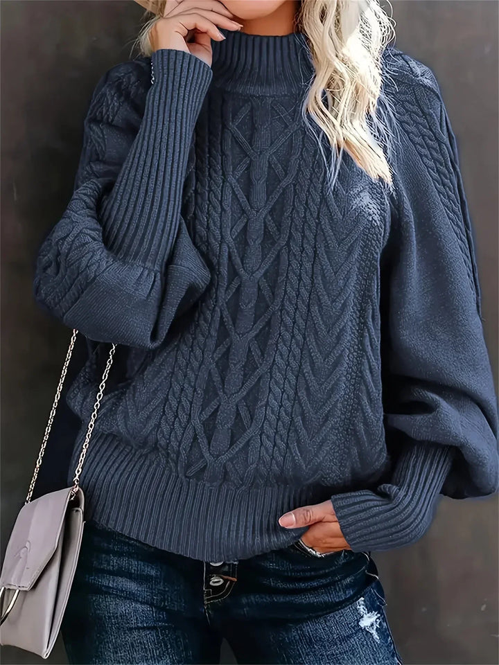 Women's Cable Pattern Knit Sweater – Mock-Neck And Balloon Sleeves