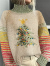 Women's Christmas Tree Design Knit Sweater – Striped Sleeves And Turtleneck