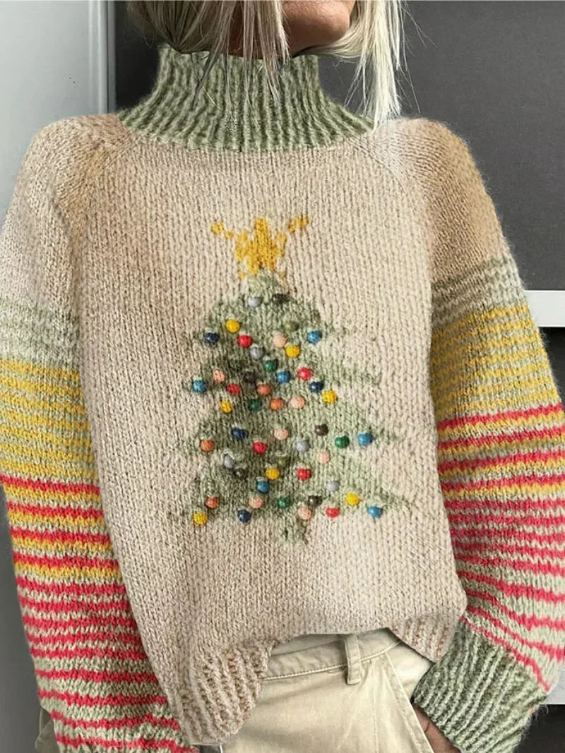 Women's Christmas Tree Design Knit Sweater – Striped Sleeves And Turtleneck