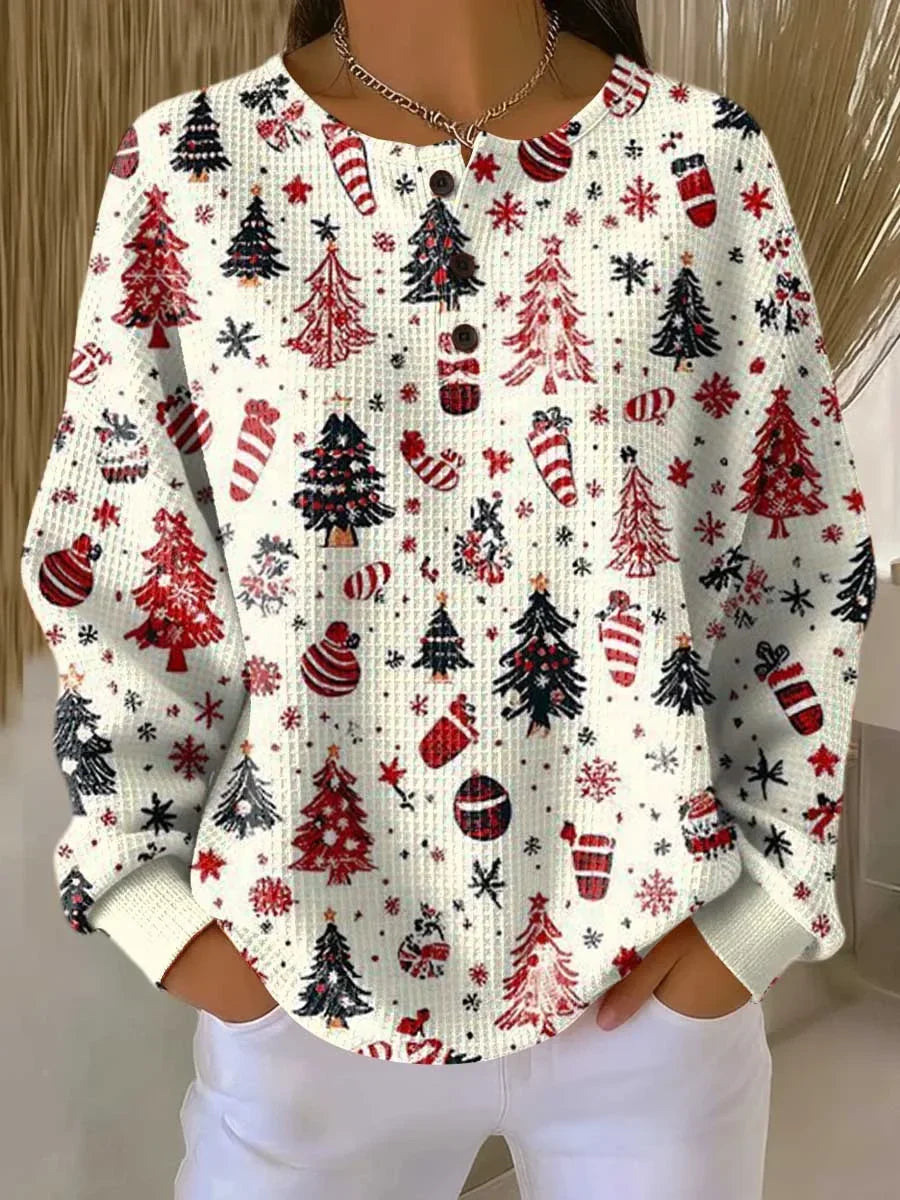 Women's Christmas Tree Print Waffle Knit Sweater – Long Sleeve Button Placket