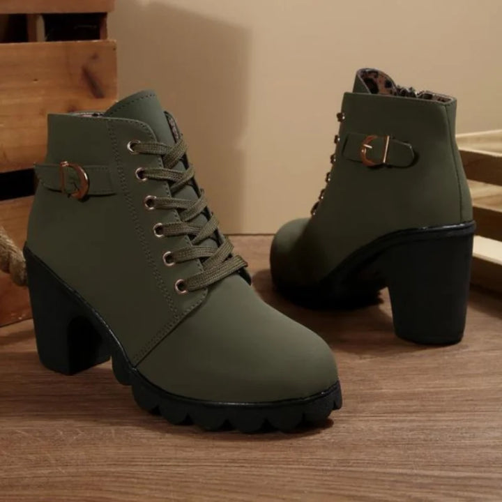 Women's Chunky Ankle Boots – Lace-Up Front And Buckle Side Detail