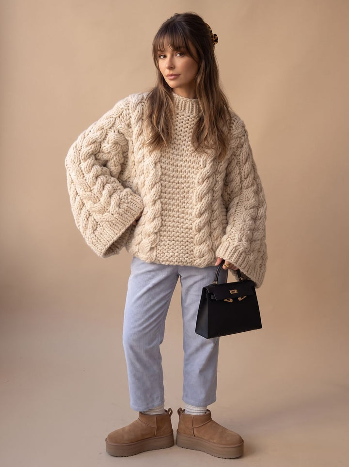 Women's Jumper – Chunky Cable Knit Oversized Dropped-Shoulder