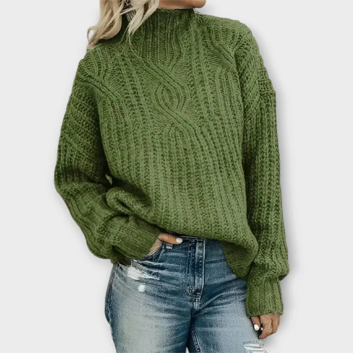 Women's Chunky Knit Sweater – Cable Pattern, High-Neck, Oversized Fit