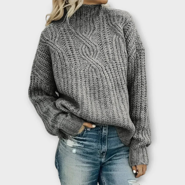 Women's Chunky Knit Sweater – Cable Pattern, High-Neck, Oversized Fit