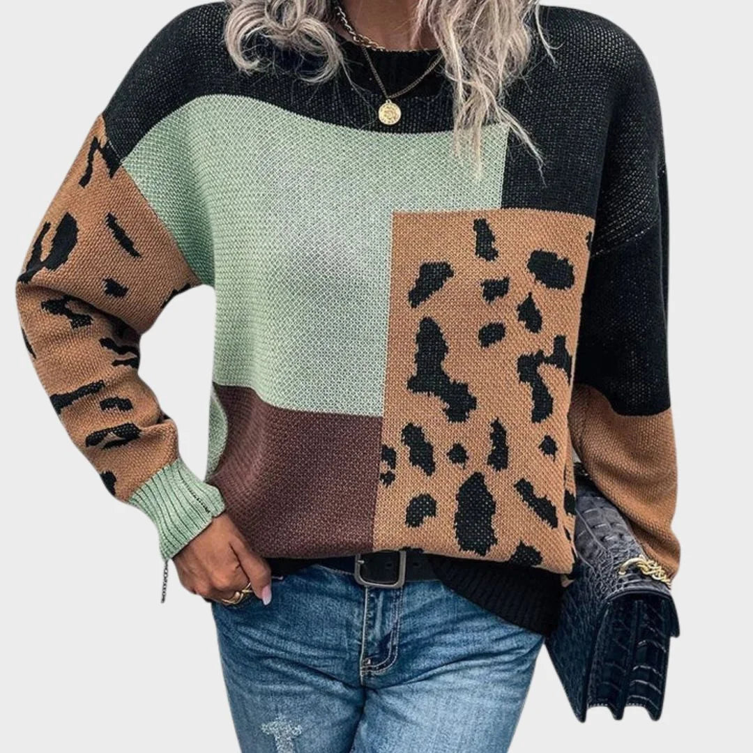 Women's Color Block Animal Print Knit Sweater – Crew Neck