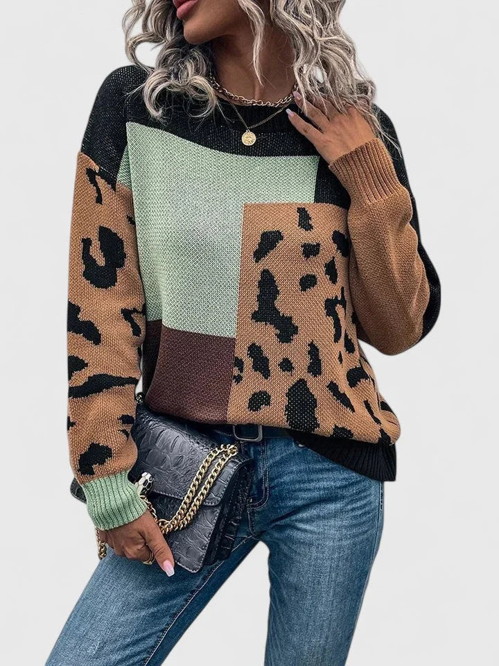 Women's Color Block Animal Print Knit Sweater – Crew Neck