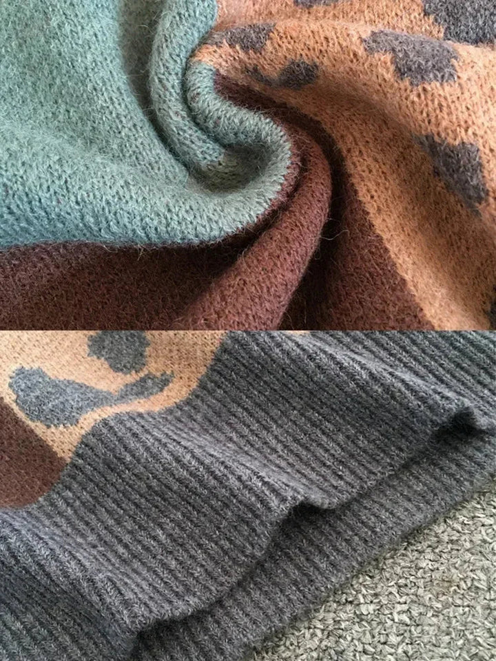 Women's Color Block Animal Print Knit Sweater – Crew Neck