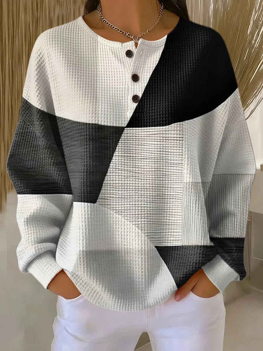 Women's Color-Block Henley Knit Sweater – Waffle Texture And Long Sleeves