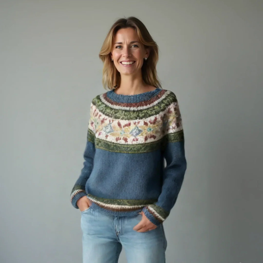 Women's Colorful Fair Isle Pattern Knit Sweater – Boat Neck And Long Sleeves