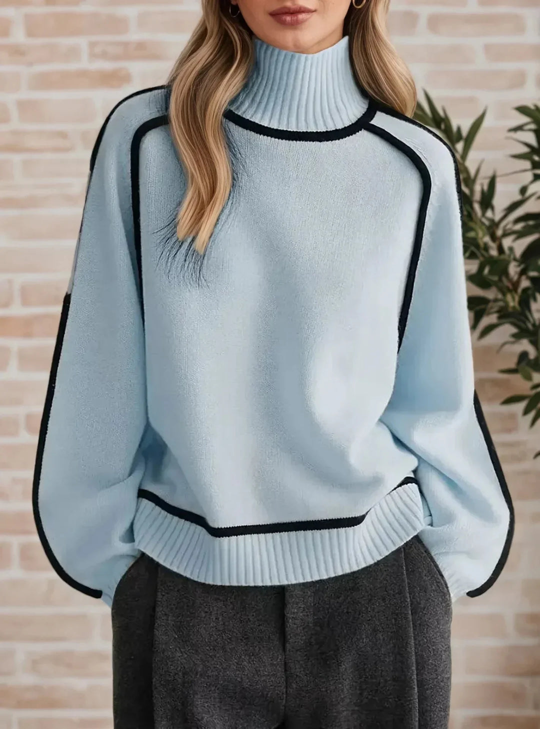 Women's Contrast-Trim Turtleneck Knit Sweater – Dropped Shoulders
