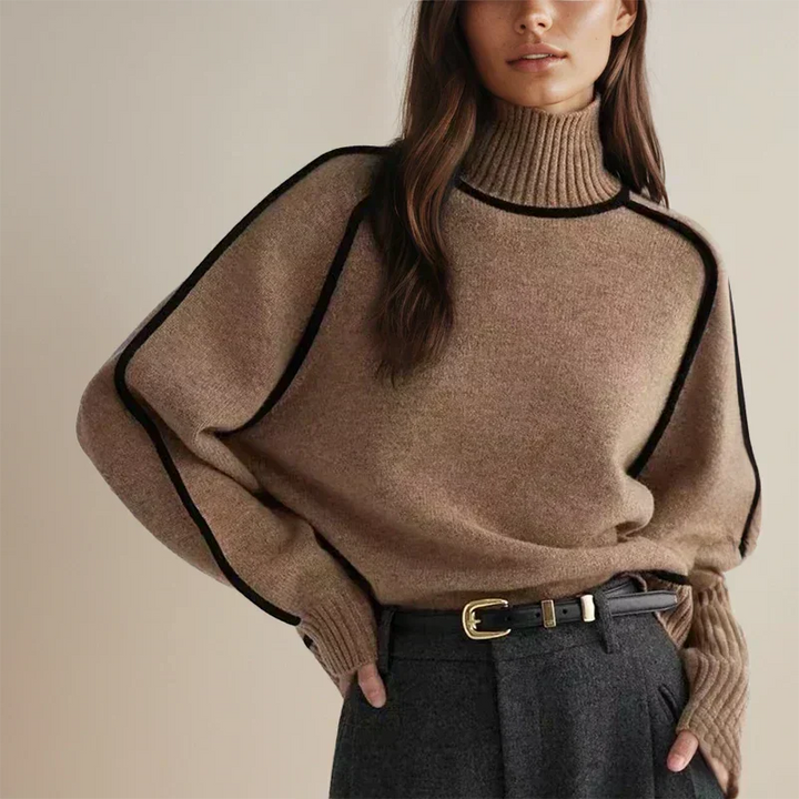 Women's Contrast-Trim Turtleneck Knit Sweater – Dropped Shoulders