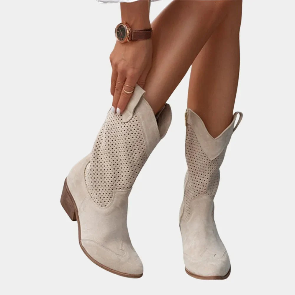 Women's Cowboy Style Perforated Mid-Calf Boots – Pointed Toe And Block Heel
