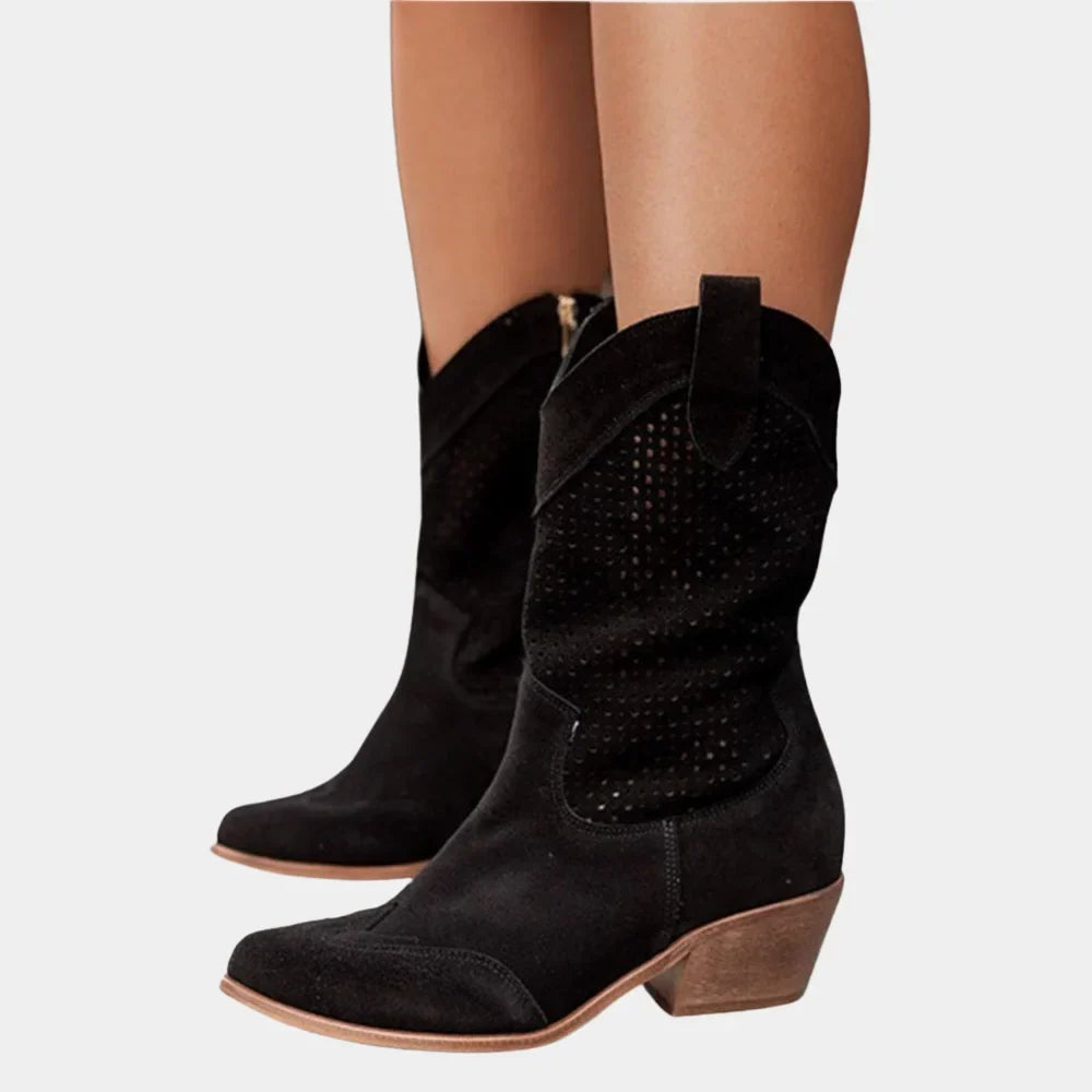 Women's Cowboy Style Perforated Mid-Calf Boots – Pointed Toe And Block Heel