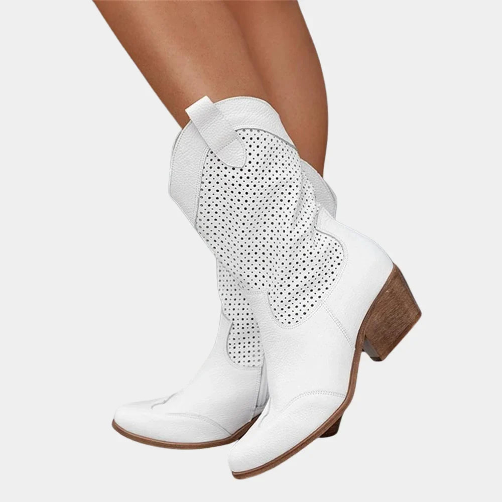 Women's Cowboy Style Perforated Mid-Calf Boots – Pointed Toe And Block Heel