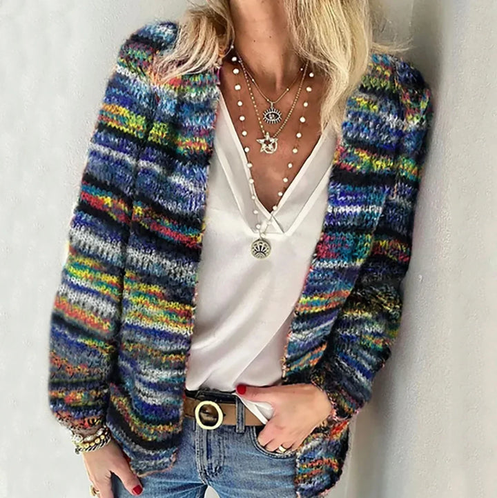 Women's Cosy Multicolor Knit Open-Front Cardigan Sweater – Long-Sleeve Loose-Fit