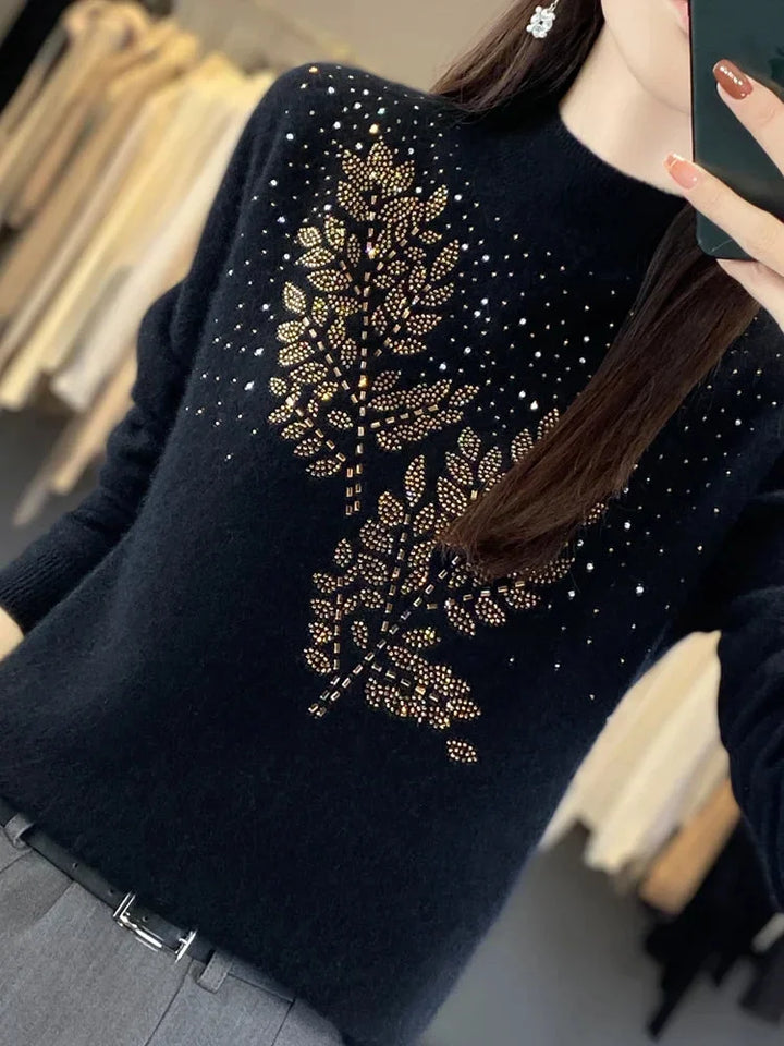 Women's Cream Rhinestone-Leaf-Pattern Knit Sweater – Mock-Neck Long-Sleeves