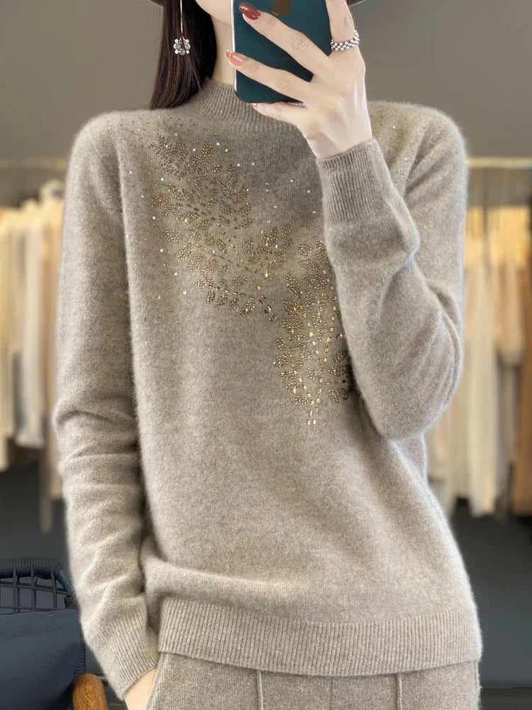 Women's Cream Rhinestone-Leaf-Pattern Knit Sweater – Mock-Neck Long-Sleeves