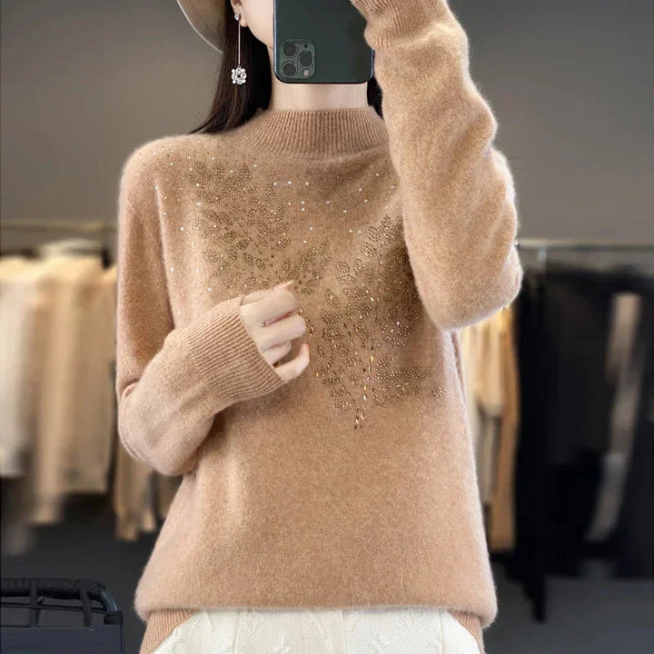 Women's Cream Rhinestone-Leaf-Pattern Knit Sweater – Mock-Neck Long-Sleeves