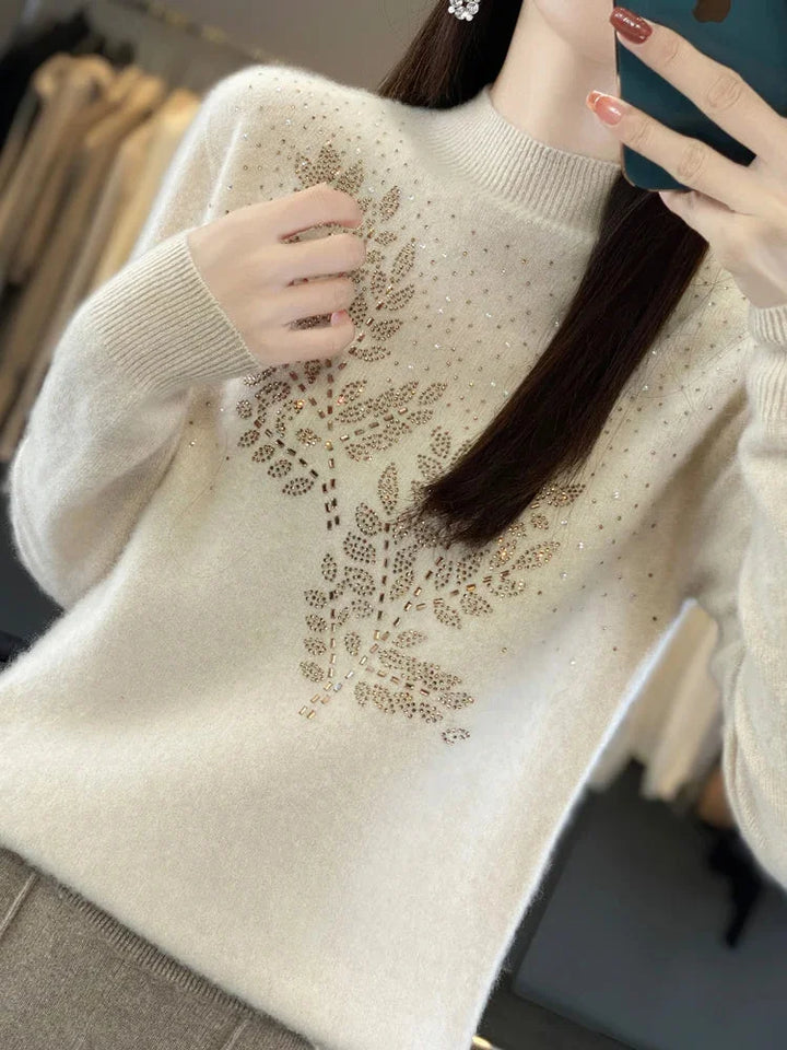 Women's Cream Rhinestone-Leaf-Pattern Knit Sweater – Mock-Neck Long-Sleeves