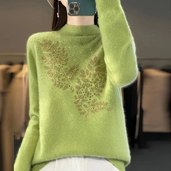 Women's Cream Rhinestone-Leaf-Pattern Knit Sweater – Mock-Neck Long-Sleeves
