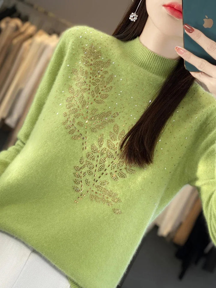 Women's Cream Rhinestone-Leaf-Pattern Knit Sweater – Mock-Neck Long-Sleeves