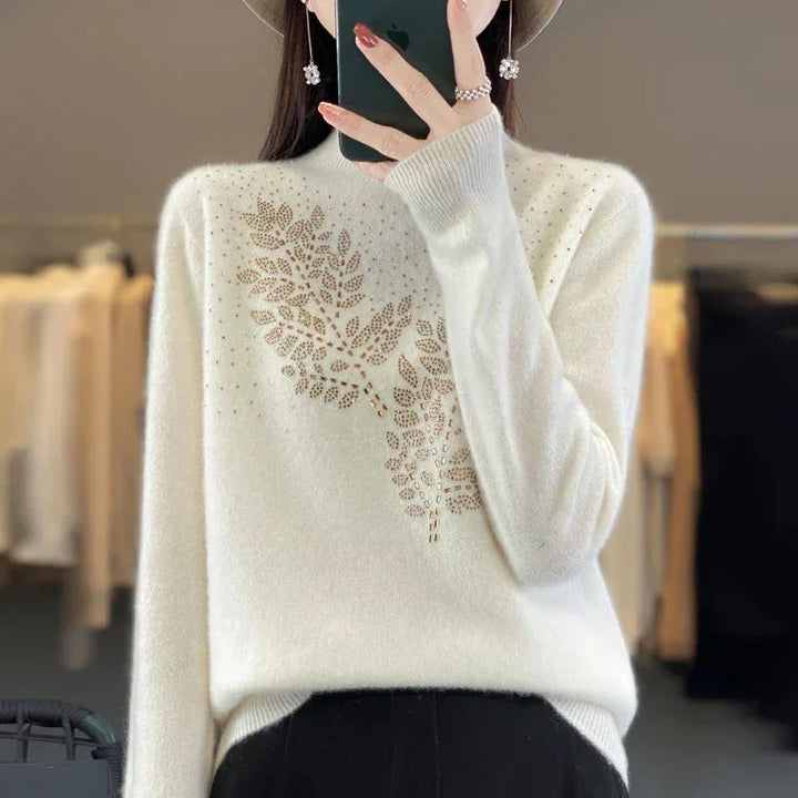 Women's Cream Rhinestone-Leaf-Pattern Knit Sweater – Mock-Neck Long-Sleeves
