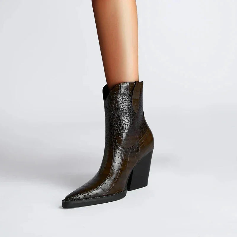 Women's Croc-Embossed Western Ankle Boots – Pointed Toe And Block Heel