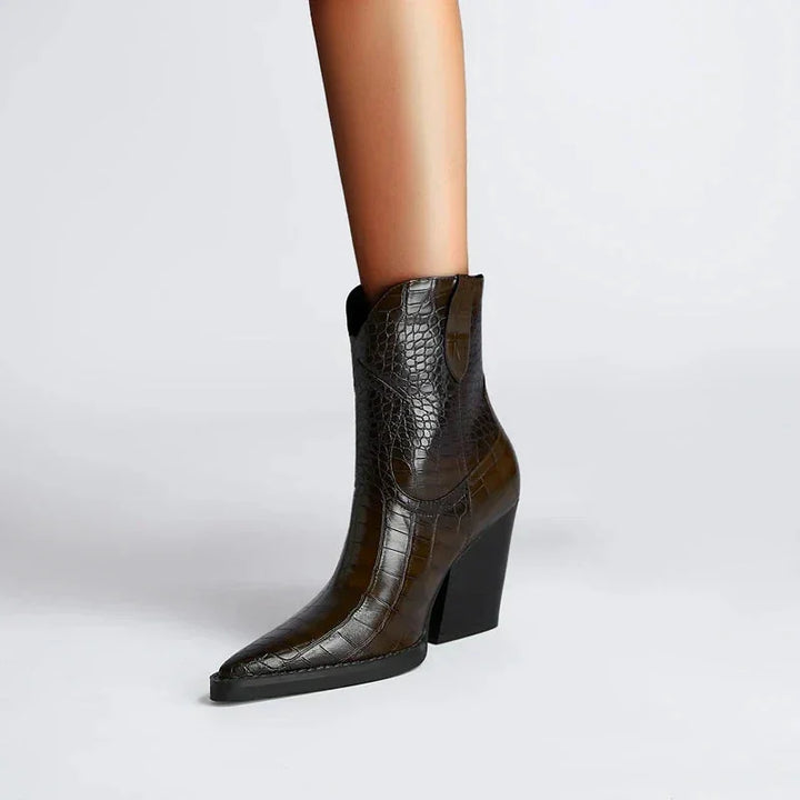 Women's Croc-Embossed Western Ankle Boots – Pointed Toe And Block Heel