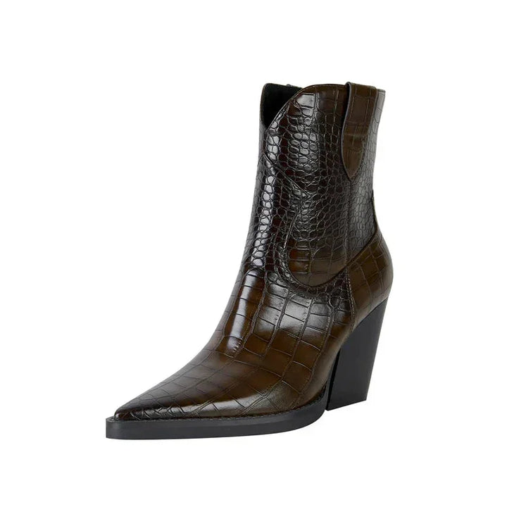 Women's Croc-Embossed Western Ankle Boots – Pointed Toe And Block Heel